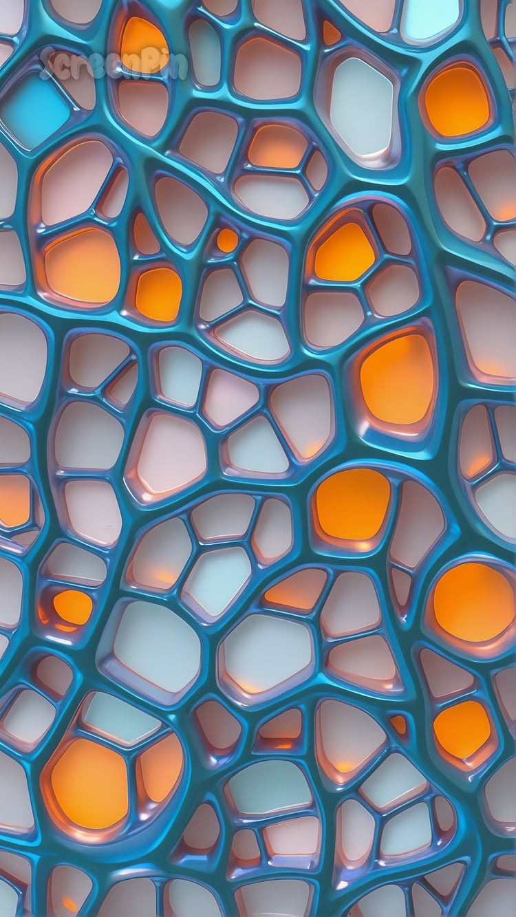 3D abstract artwork with intertwining organic shapes in blue and orange, forming a bone-like sculptural pattern.