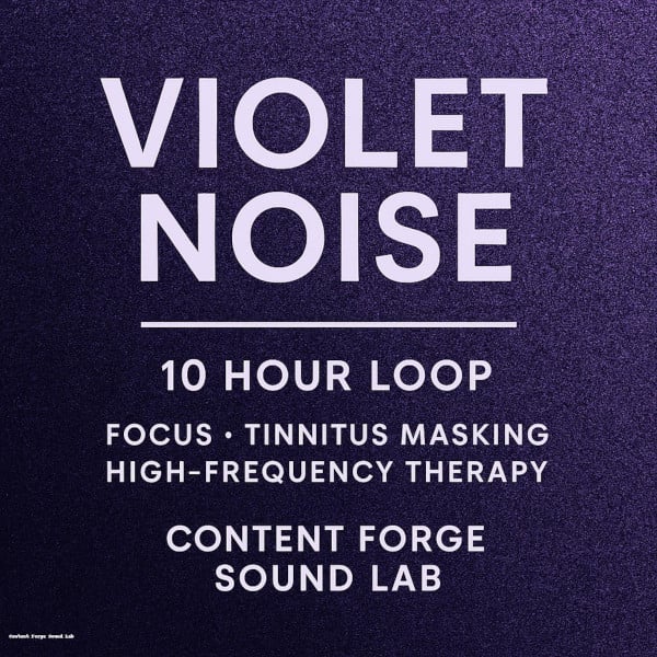 Minimalist violet-colored cover image for a 10-hour high-frequency noise track, designed to help with tinnitus and mental alertness.