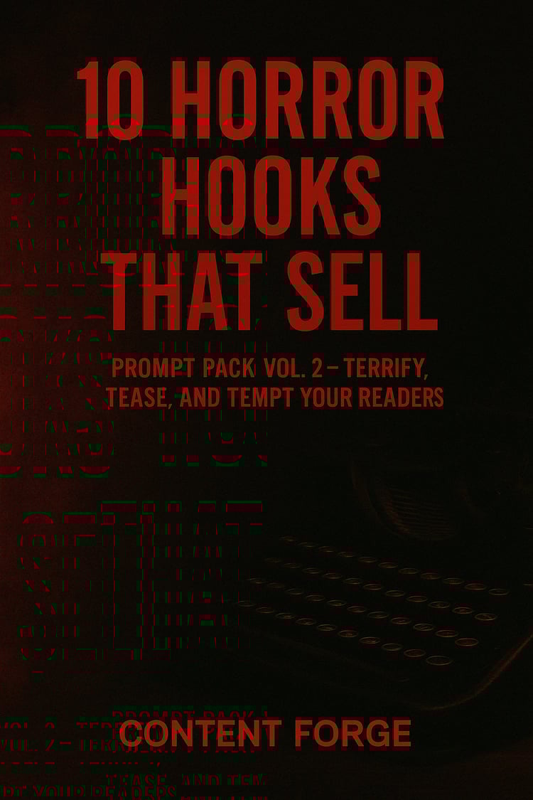 Cover image for 10 Horror Hooks That Sell Prompt Pack. Dark, moody background with eerie typewriter and crimson text, branded by Content Forge.