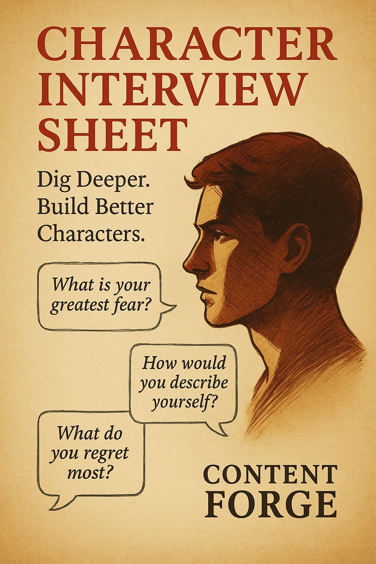 Cover image for Character Interview Sheet — clean layout with profile silhouette and layered question cards. Designed for fiction writers and storytellers.
