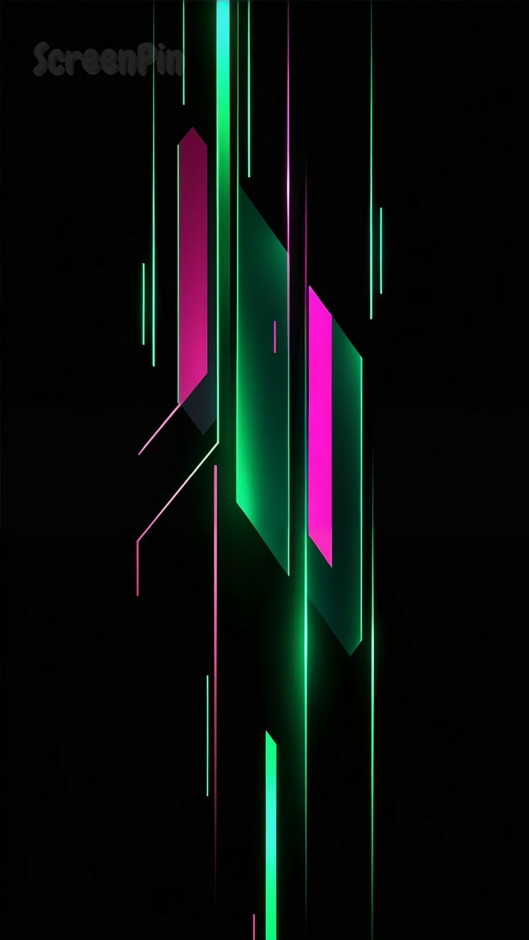 Abstract geometric artwork with pink and green flowing shapes on a black background, creating a dynamic and modern visual.