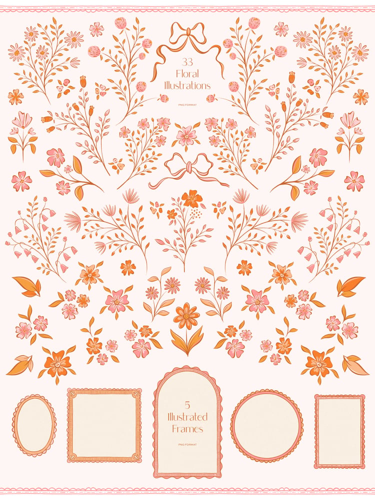hand drawn floral illustrations, bows, frames, seamless patterns, and dividers with a pink, orange, and cream color scheme