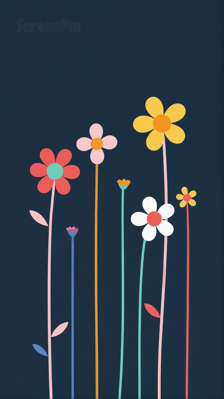 Minimalist vector illustration of stylized geometric flowers growing from colorful vertical lines on a dark navy background.