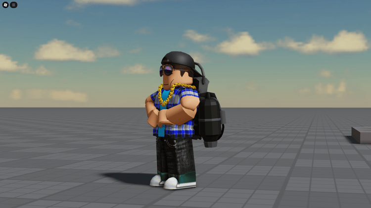 Military-style jetpack flying above Roblox terrain