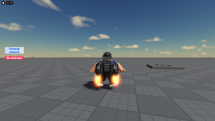 Roblox character using jetpack with WASD and EQ controls