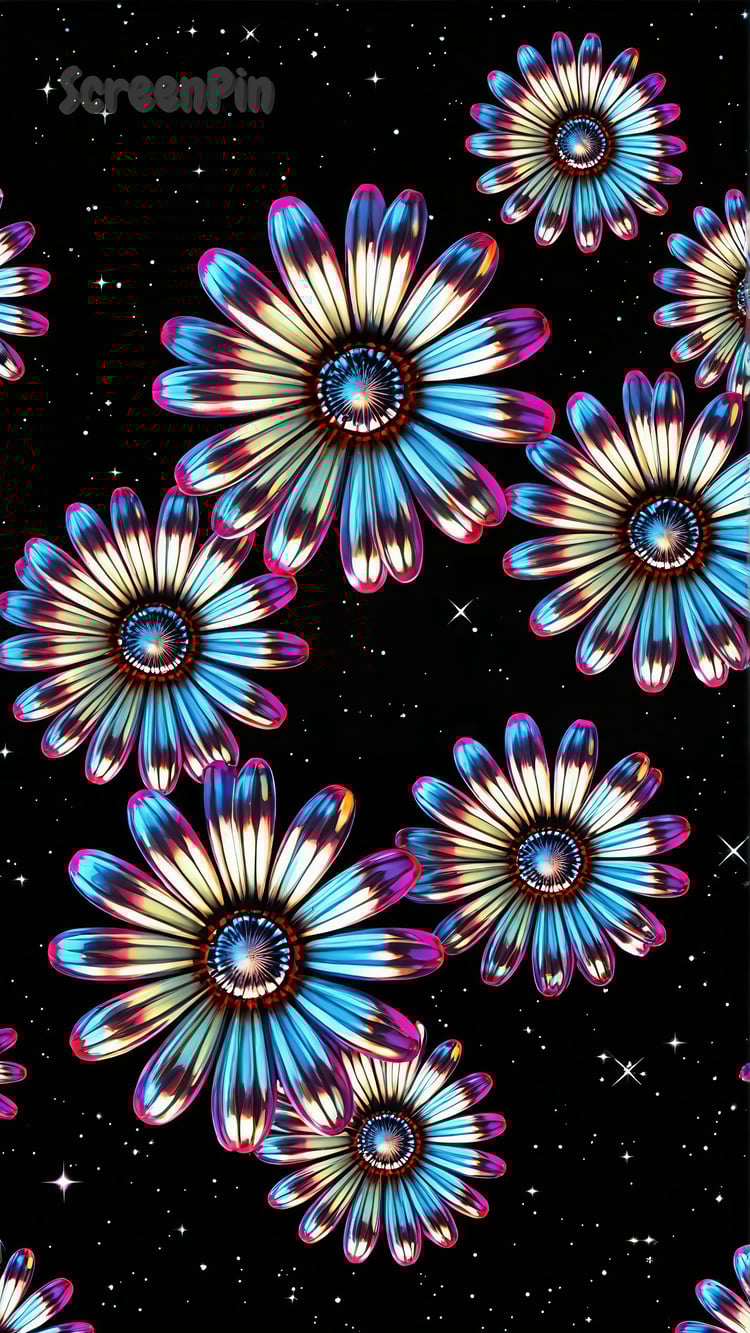 Shimmering colorful metallic daisy flowers floating on a dark, space-like black background.