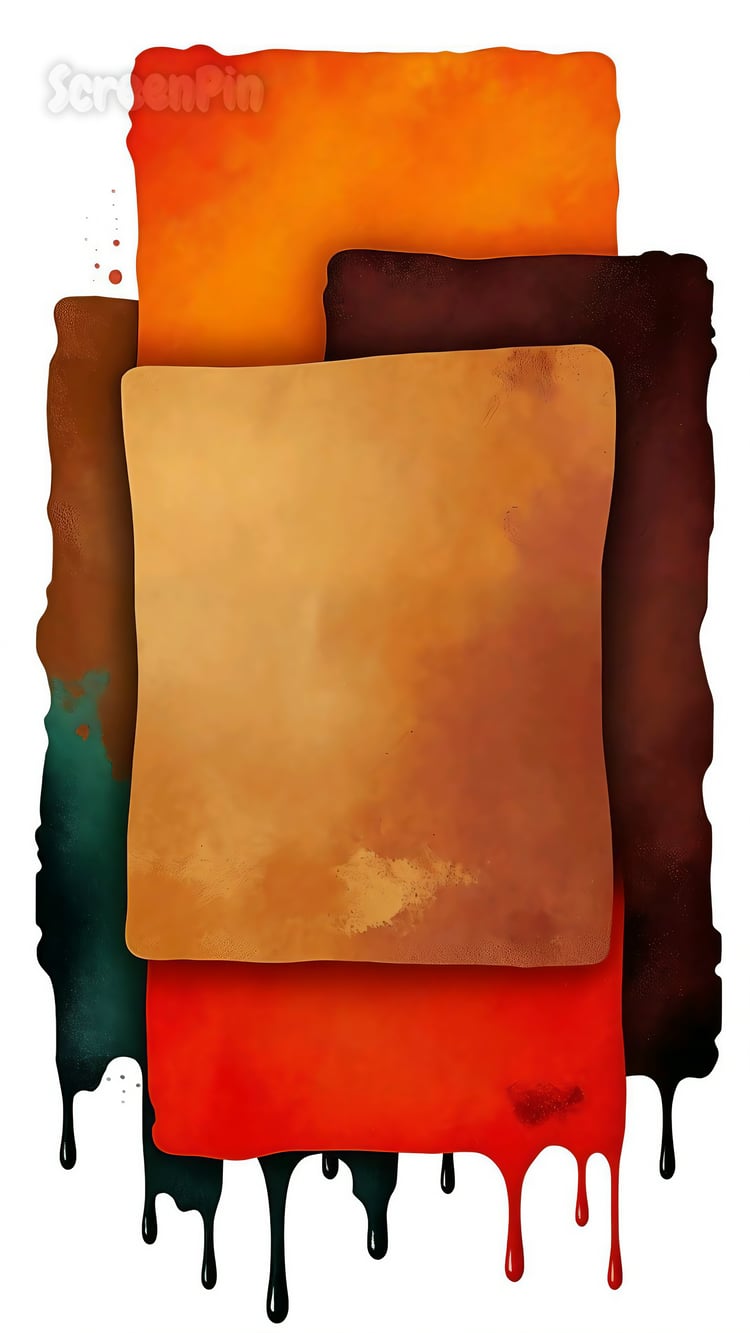 Abstract digital art with large, overlapping rectangular blocks in earthy tones, featuring rough, dripping edges in red, orange, yellow, dark green, and beige.