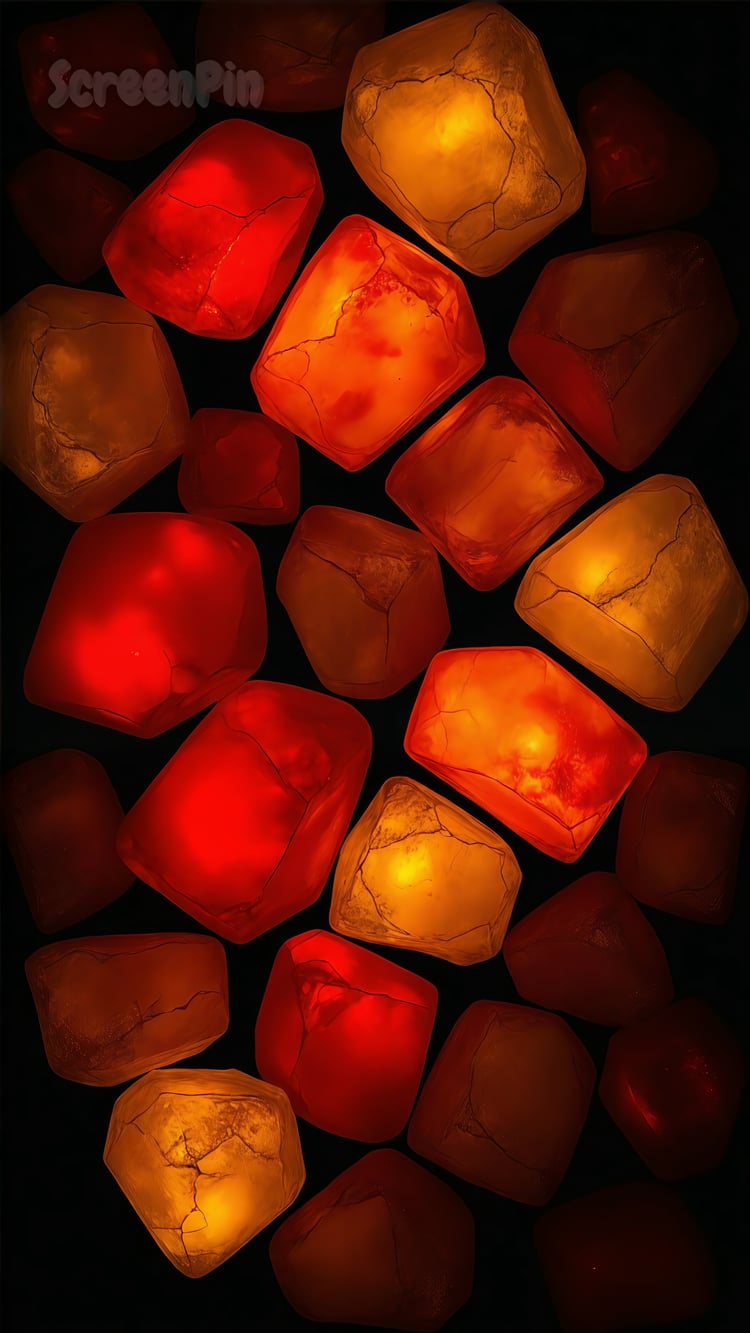 Abstract digital artwork with glowing red stones scattered on a deep black background, resembling molten or crystalline forms.