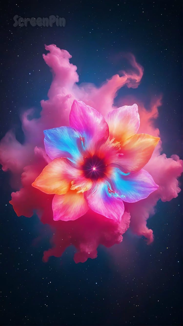Glowing cosmic flower with vibrant petals in violet and magenta tones, surrounded by swirling light trails on a dark space-themed background.