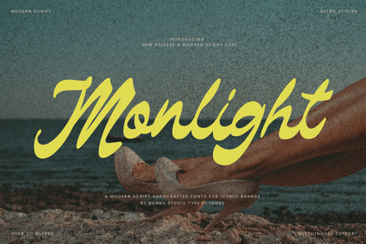 Monlight is a modern retro script font with an elegant, dynamic style — perfect for logos, branding, vintage designs, and creative projects. Download Monlight now and add a trendy retro touch to your work!