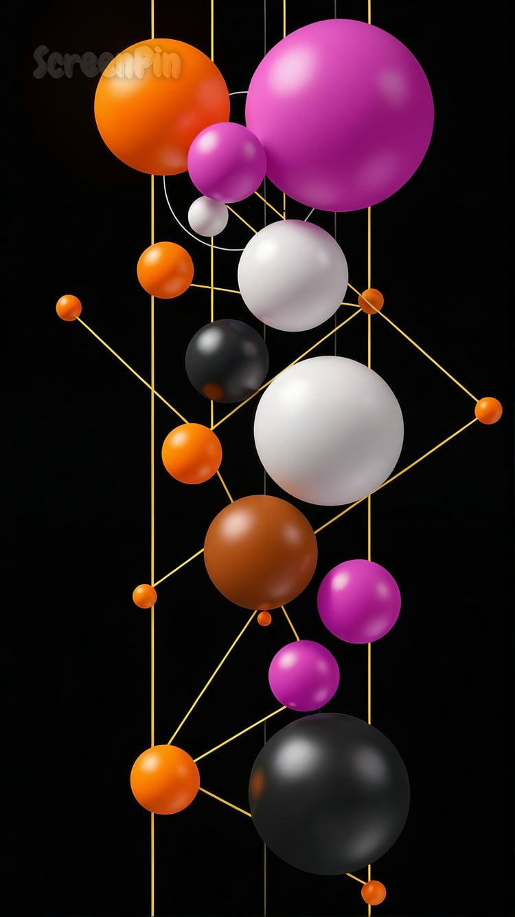 Abstract digital composition with vibrant multicolored bubbles and geometric lines on a black background, blending playful and structured elements.