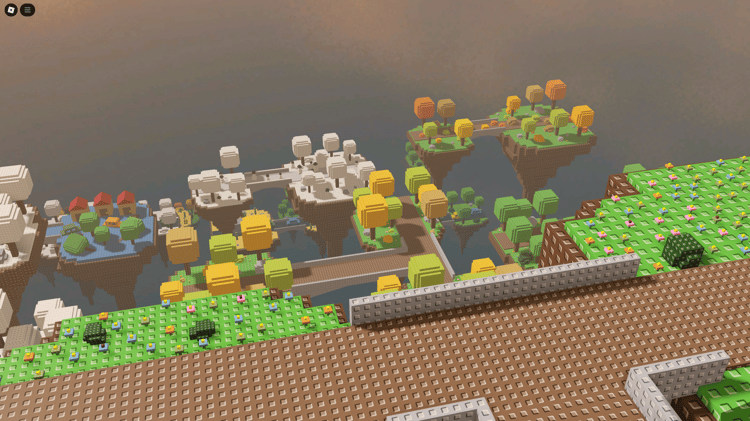 Bright and cheerful island with obstacles and decorations  Level selection area or lobby showing teleport zones