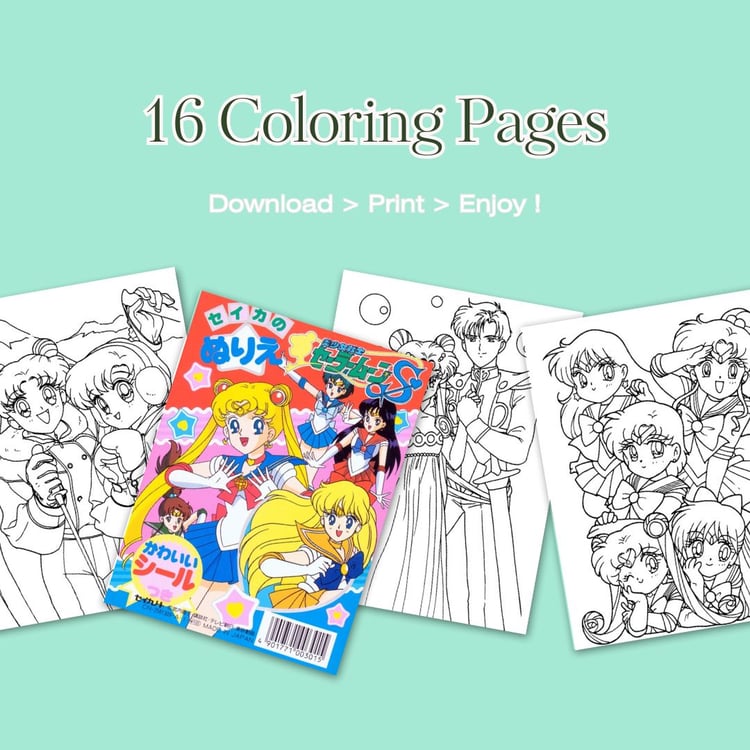 Classic Bishoujo Senshi Sailor Moon coloring book cover featuring all Sailor Guardians in pastel background – printable pages