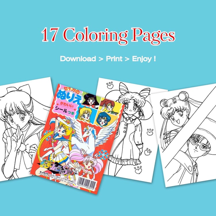 Sailor Moon and Sailor Mars black-and-white outline page from retro anime coloring book – nostalgic manga art download