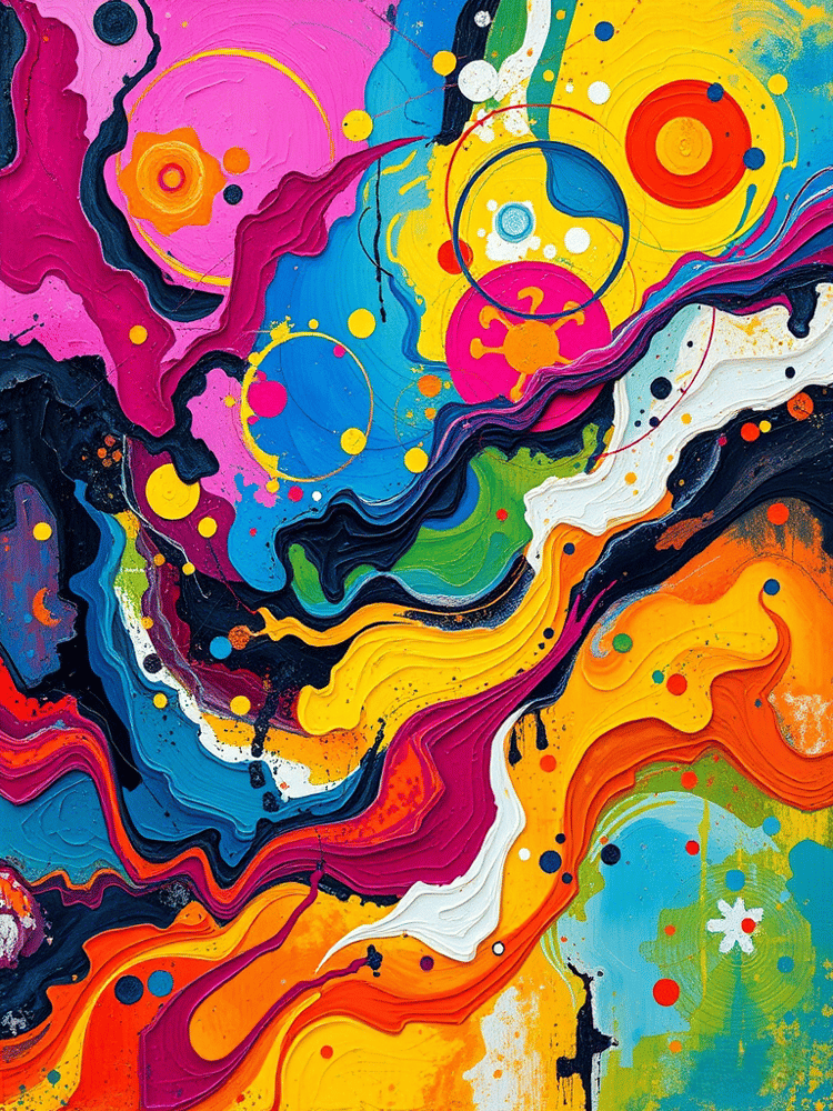 Vibrant abstract painting with swirling neon colors, bold brushstrokes, and layered textures in pink, orange, blue, and yellow. Limited edition artwork.