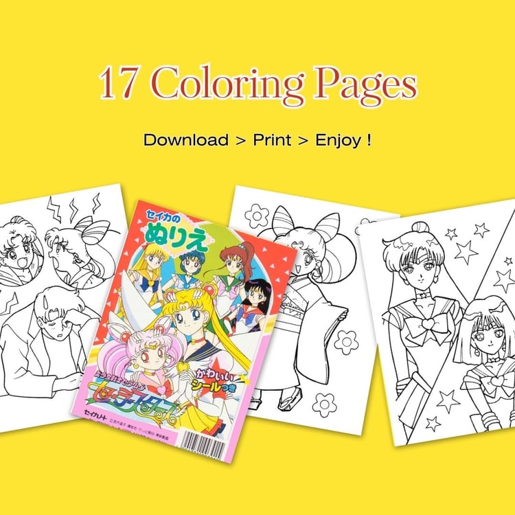 Sailor Moon group coloring book image with all five Inner Senshi – pastel nostalgic anime printable for fans
