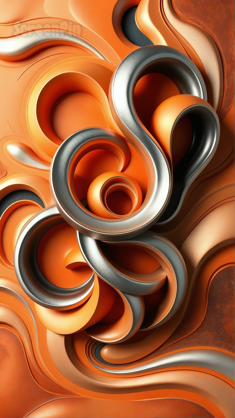Abstract digital composition with swirling orange and silver shapes flowing together on a dark background.
