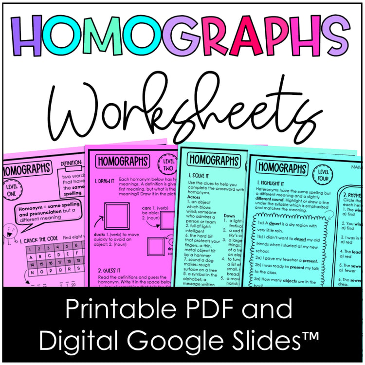 Homograph worksheets in PDF and Google Slides format