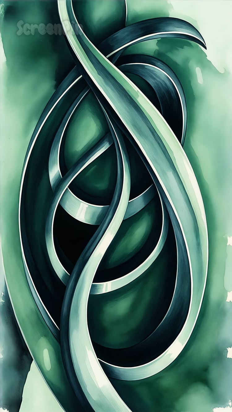 Abstract artwork with interlocking curved shapes in jade green tones, creating a fluid and harmonious design.