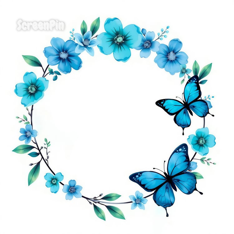 A circular frame made of vibrant blue flowers on a black background, creating a bold and decorative floral design.