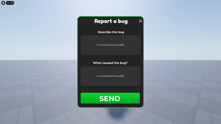 Roblox bug report UI open with text input