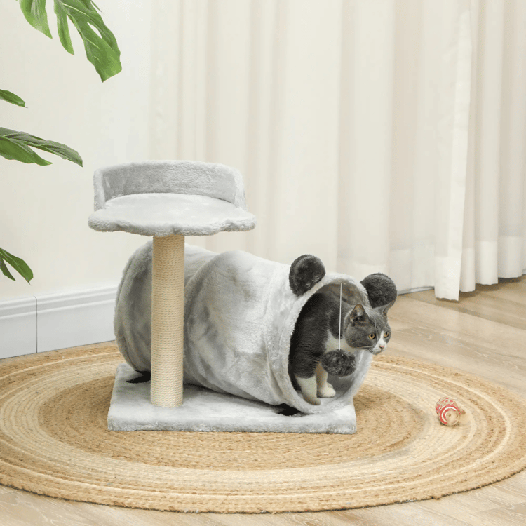 Cat tree with noise-making tunnel to spark feline curiosity