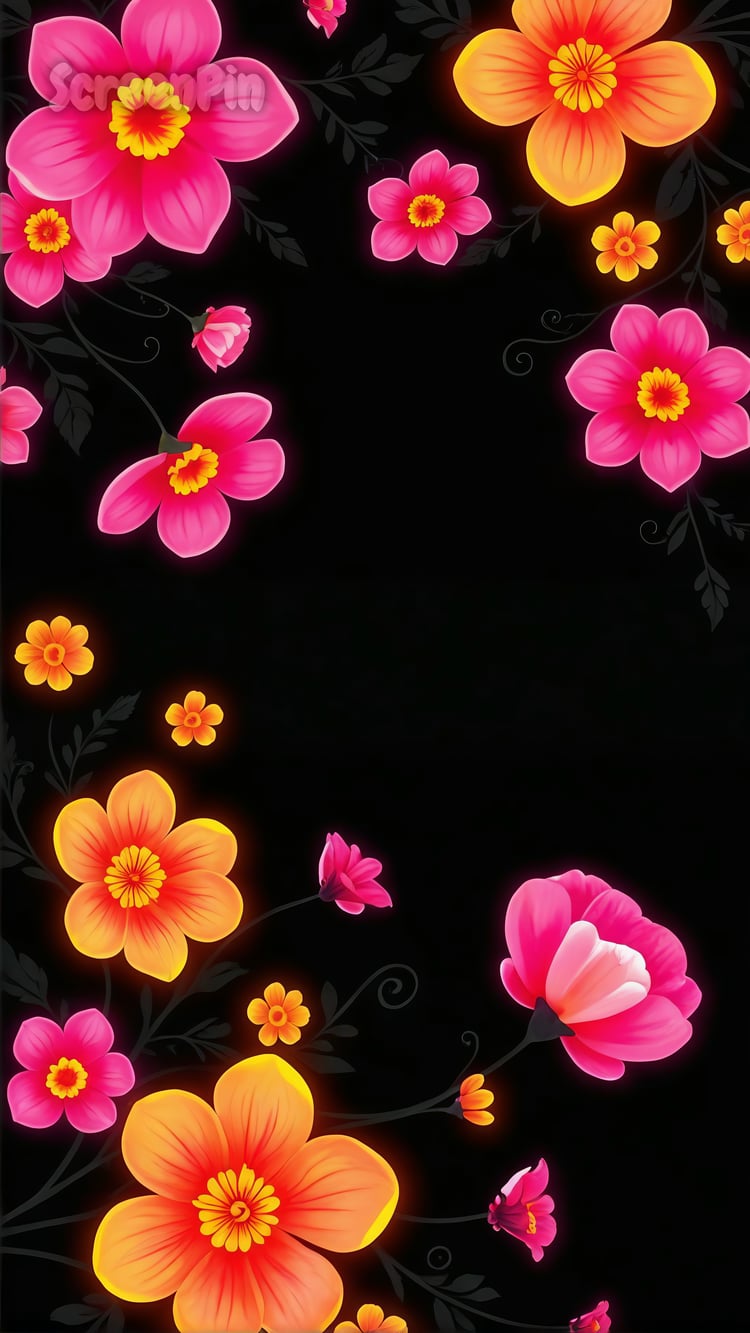 Radiant digital artwork of glowing neon pink and yellow flowers and leaves swirling on a black background, evoking a magical nighttime garden.