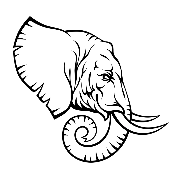 Bold stylized elephant head line art featuring tribal accents—perfect for wildlife art lovers and fans of strong animal symbolism.