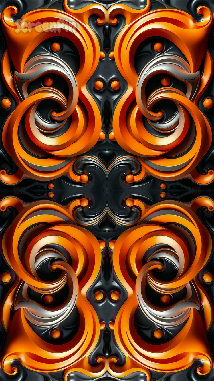 Seamless abstract pattern of vivid orange curls swirling over a black background.
