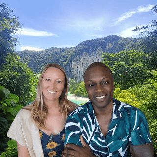 Product image for a 'Move to Thailand' consultation featuring Jason from How to Move to Thailand, smiling alongside Steffi, with lush green jungle and limestone cliffs in the background under a bright blue sky.