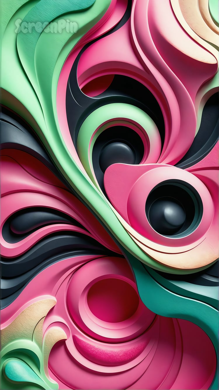 Abstract artwork with pink, green, and black wavy curls creating a dynamic and energetic composition.
