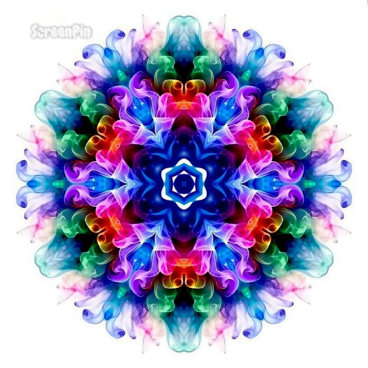 Vibrant multicolor mandala surrounded by soft smoky textures, creating a mystical and dreamy visual effect.