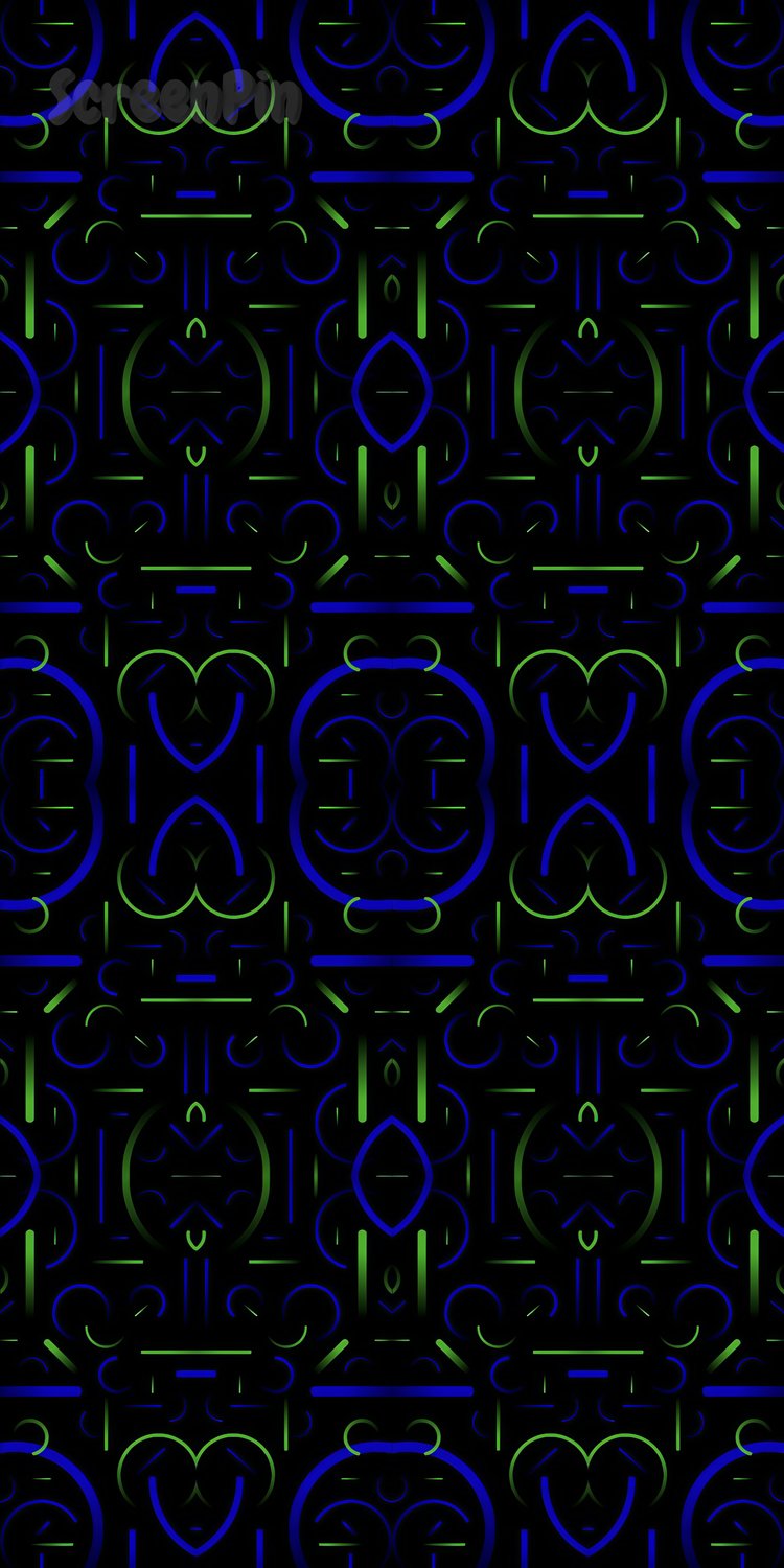 Seamless abstract pattern of glowing neon green and blue shapes on a black background, creating a futuristic and energetic design.