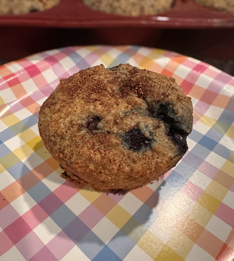 Pictured: a blueberry muffin on an Easter plate.