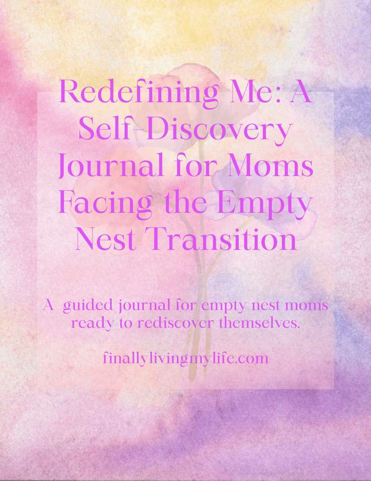 Redefining Me journal cover for midlife women, featuring soft pink and yellow hues with elegant script font. A self-discovery journal designed for empty nest moms exploring identity, purpose, and emotional healing.