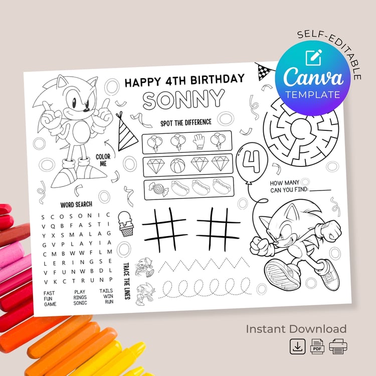 Sonic Birthday Placemat Activity Page
