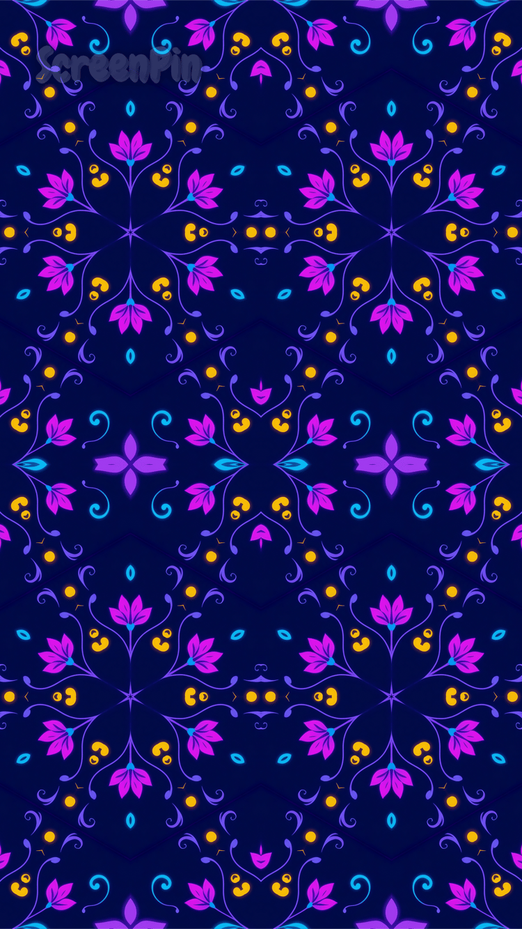 Seamless floral ornament with intricate violet, yellow, and blue patterns creating a vibrant and decorative design.