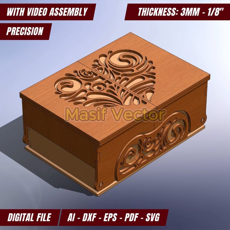 Laser cut heart gift box with elegant split lid, perfect for weddings, Valentines, and romantic occasions.