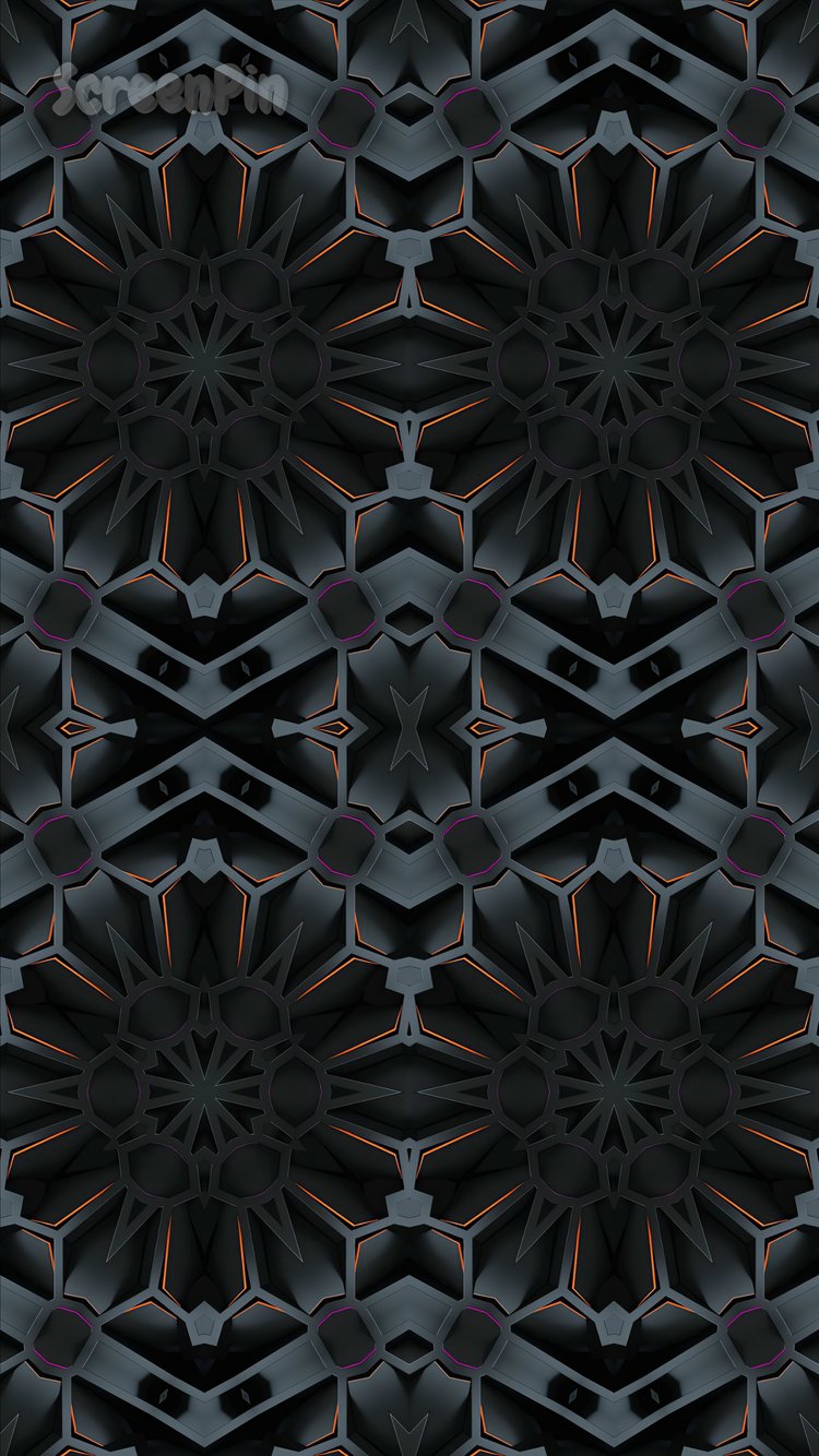 Futuristic seamless geometric mosaic pattern in black with vibrant violet and orange accents.