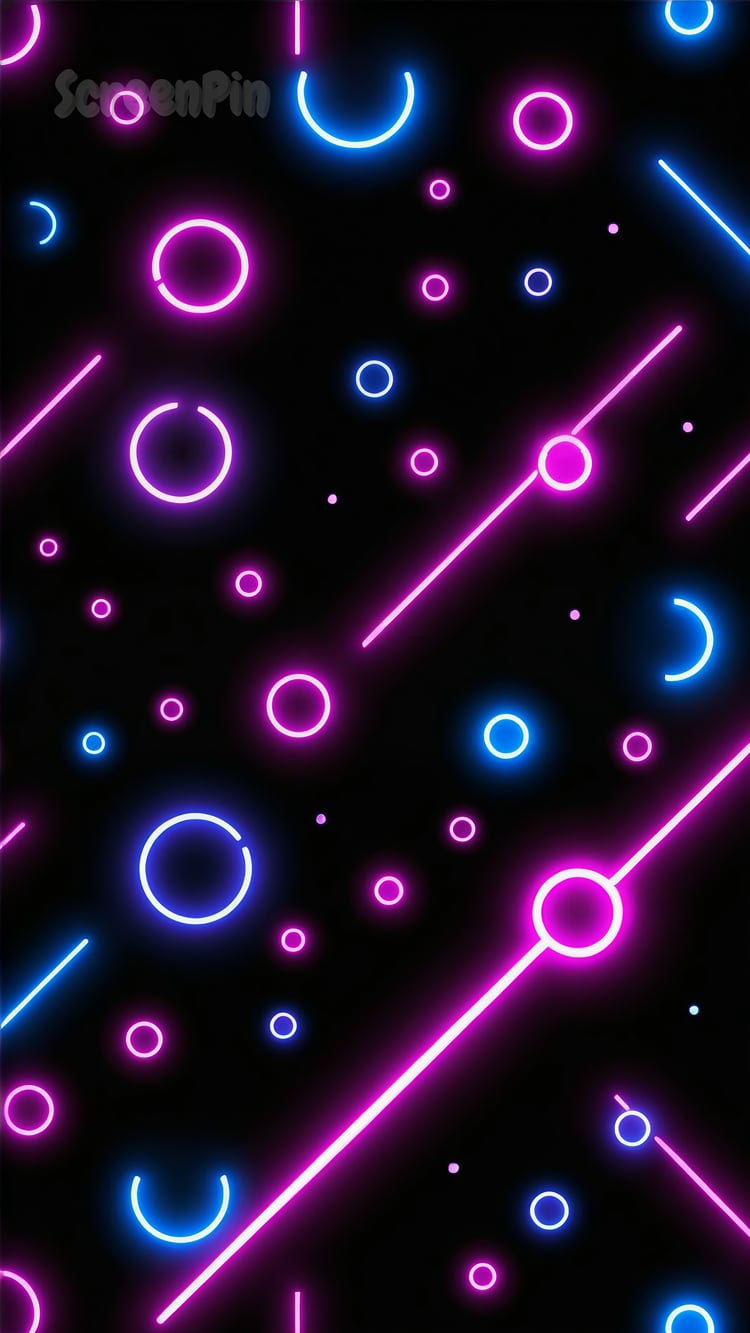 Neon violet and blue circles and lines on a black background, futuristic abstract digital art