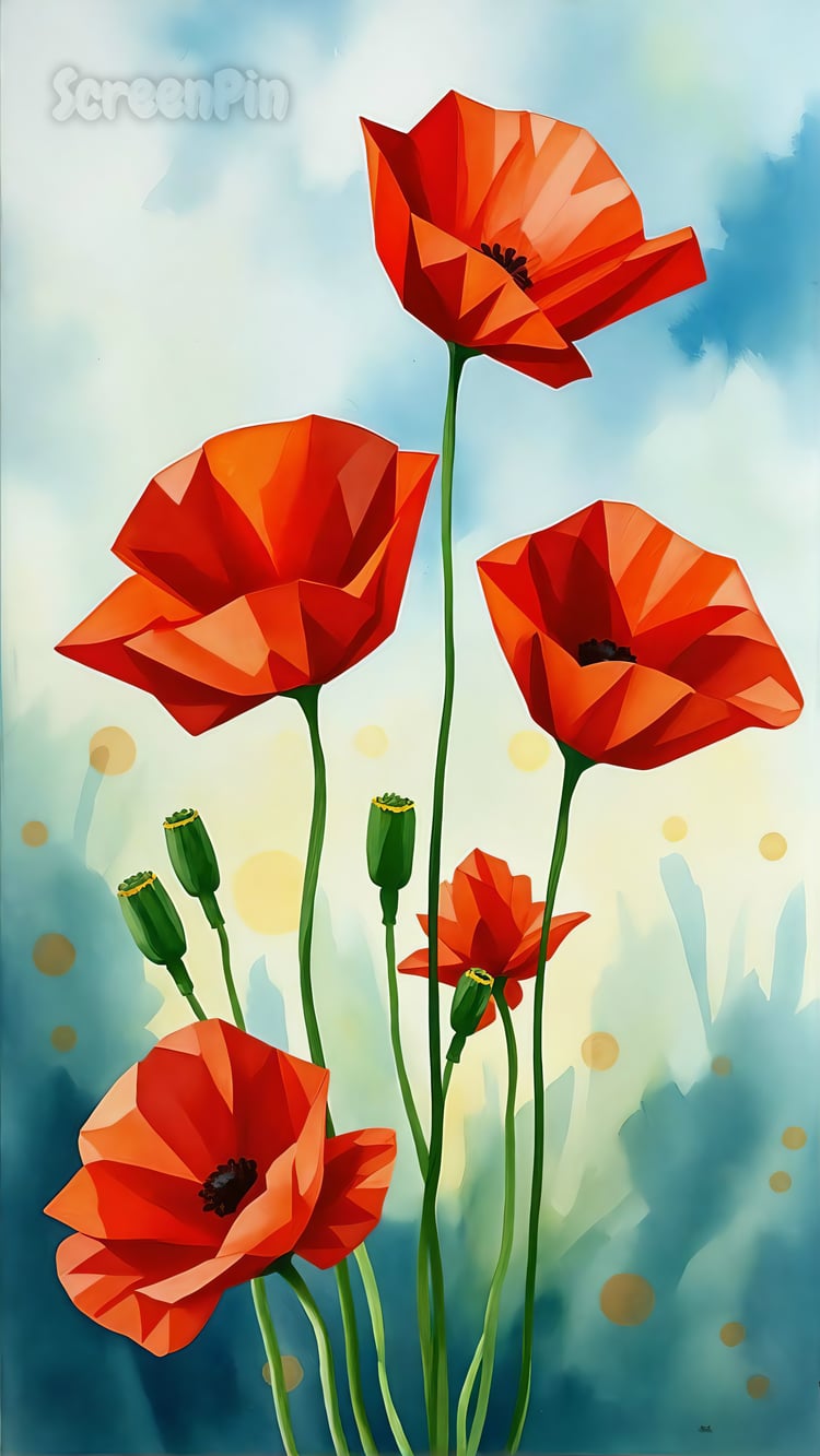 Stylized painting of vibrant red poppies, elegant floral digital artwork