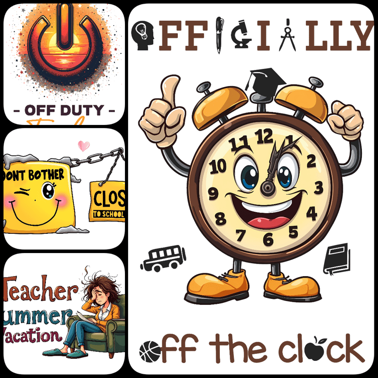 40 fun and vibrant teacher-themed digital designs in JPG, PNG & SVG – perfect for Summer Break crafts, apparel, mugs, and more! High-resolution, commercial use included. teacher summer svg, last day of school png, teacher off duty design, vacation mode sv