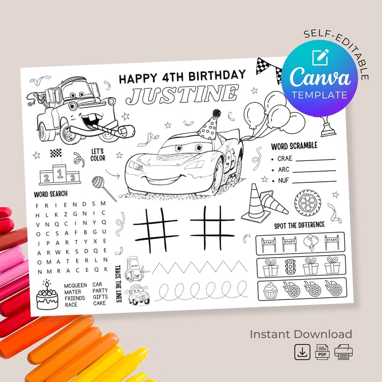 Cars Birthday Placemat Activity Page
