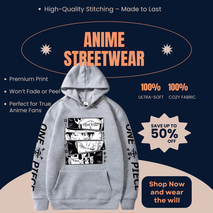 "Grey One Piece anime hoodie featuring Luffy, Zoro, Law, and Kid with high-quality print and cozy unisex design."