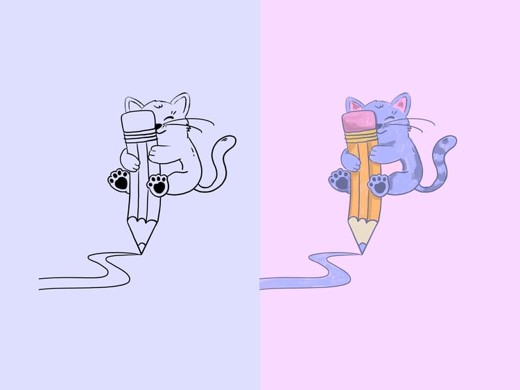 Cute cat on pencil illustration. Drawn with the coloring pencil brush set in Procreate by Laura Beutner