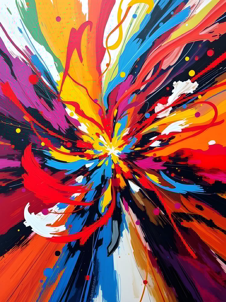 Abstract painting titled Genesis Burst featuring an explosive burst of vivid colors including red, blue, yellow, orange, and white radiating from a central point, with dynamic brushstrokes and splattered accents on a dark background.