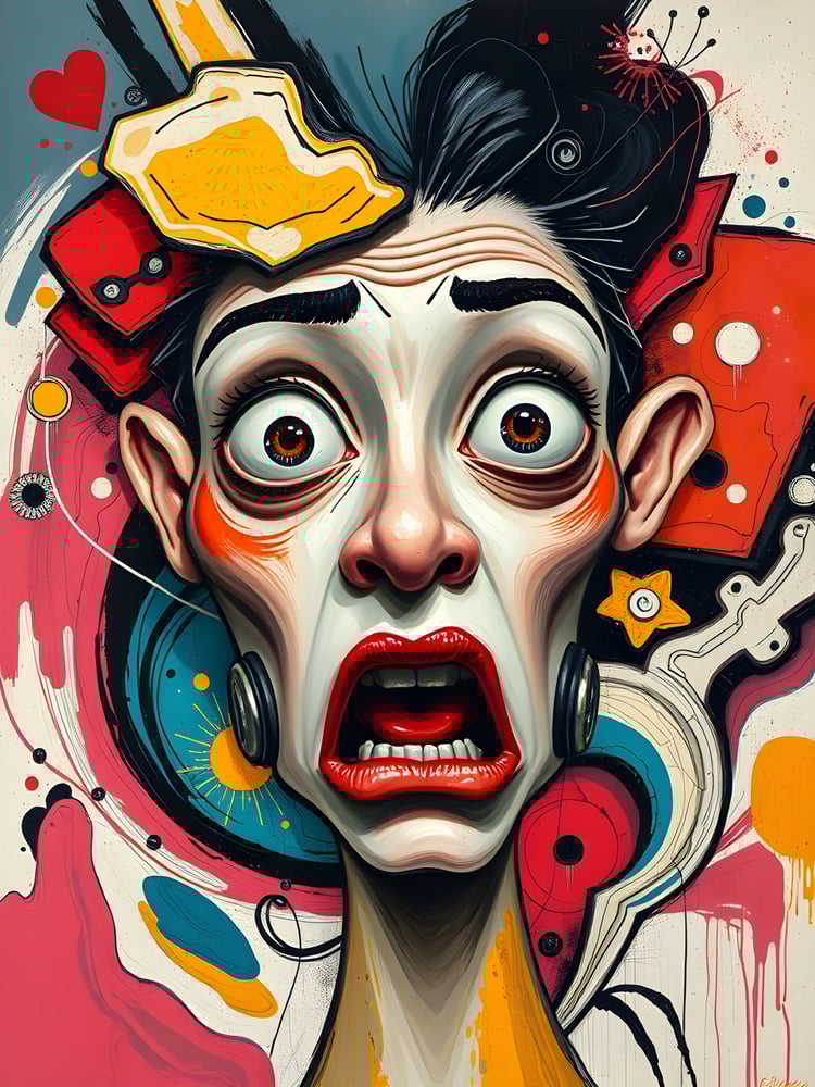 Surreal expressionist portrait of a wide-eyed face in bold makeup, surrounded by chaotic colorful elements, symbolizing mental overload and overstimulation.