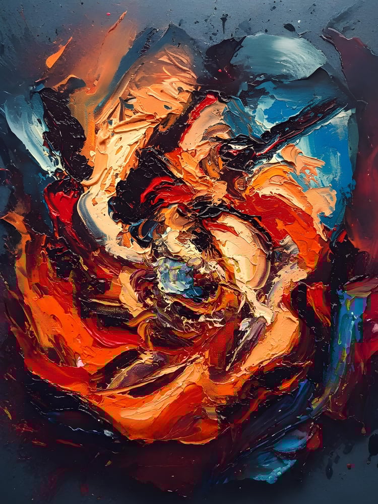 Abstract impasto painting featuring bold, textured swirls of red, orange, blue, and black oil paint, creating a fiery, dynamic composition with expressive brushstrokes