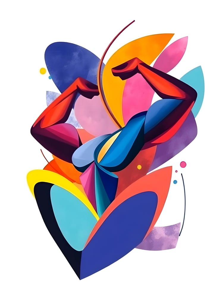 Abstract digital artwork of a muscular figure flexing arms, surrounded by vibrant, colorful geometric shapes and bold brushstrokes representing strength, energy, and confidence.