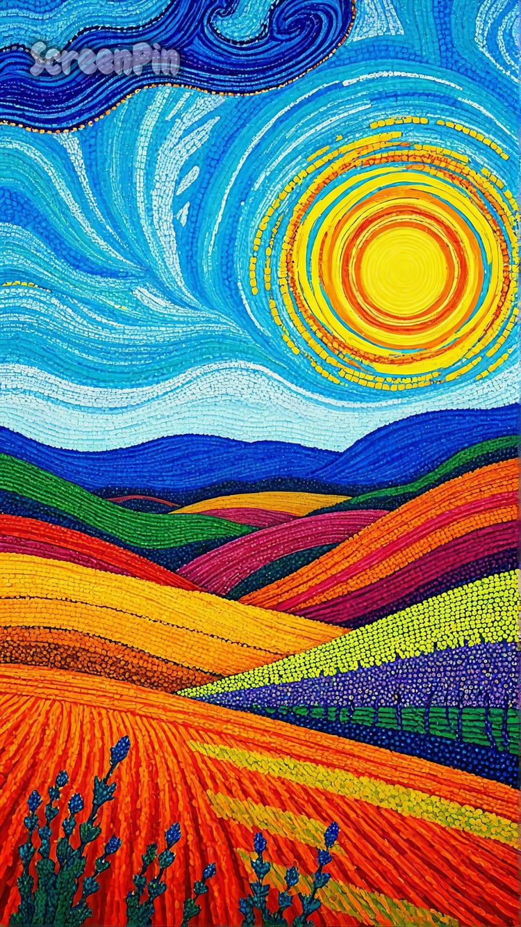 Abstract landscape painting with swirling fields and sky